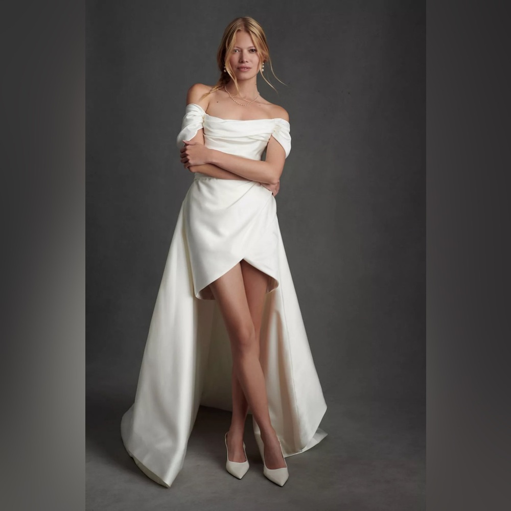 Watters Marlina Off The Shoulder Convertible Mini Wedding Dress